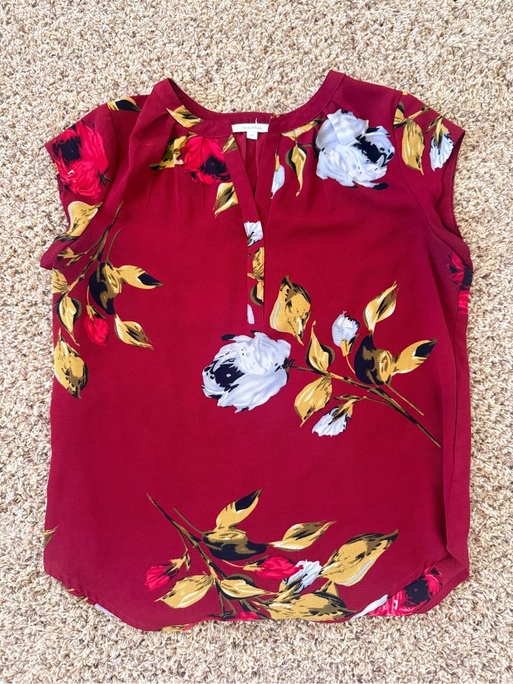 Floral Split-Neck Blouse in Red Burgundy by fun2fun